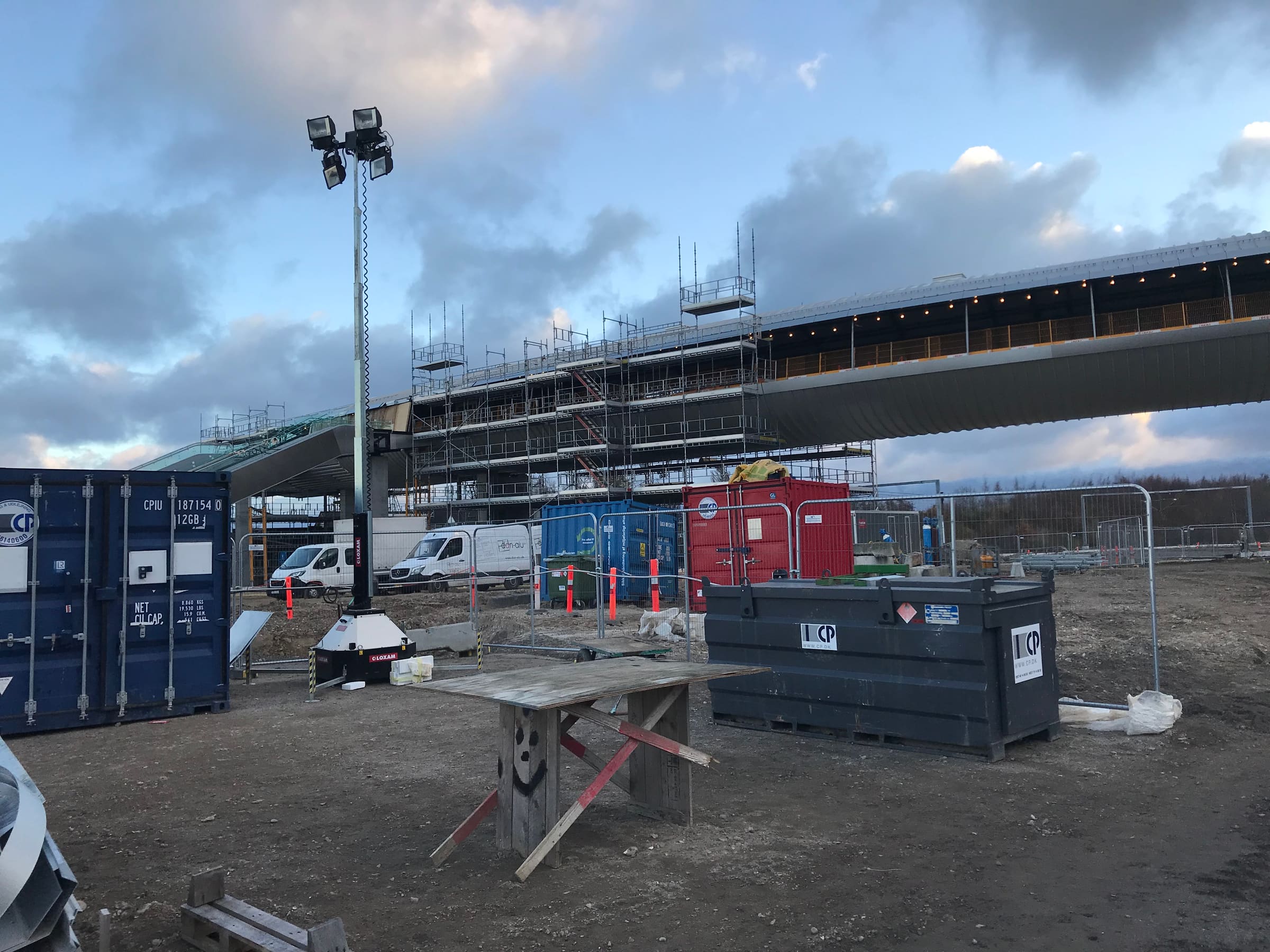 Køge Nord Station footbridge, curved aluminum cladding nearing completion
